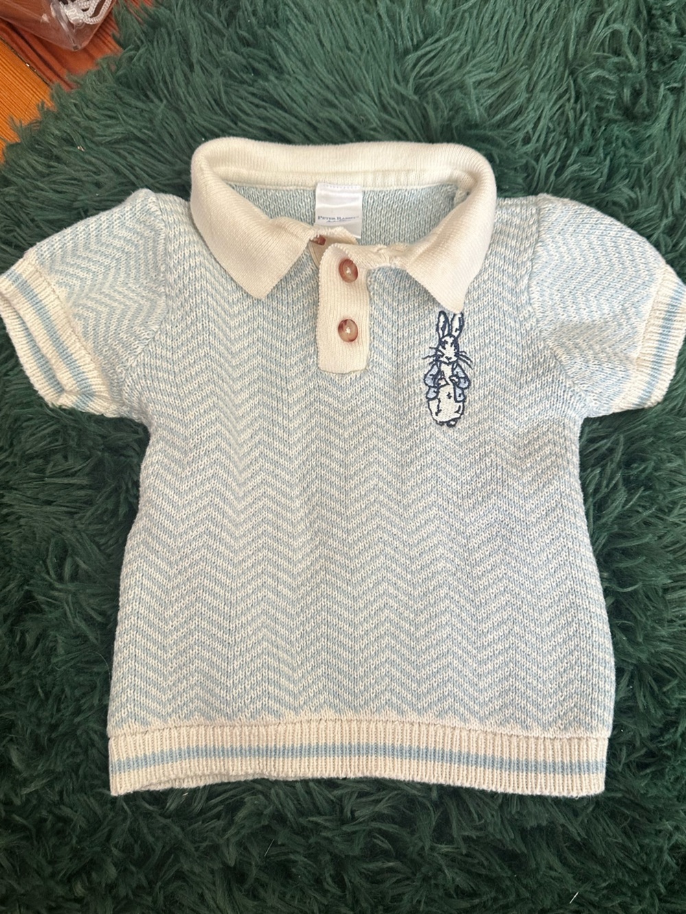 Peter Rabbit Beatrix Potter 100% Cotton Knit Polo Sweater 24M Blue Cream